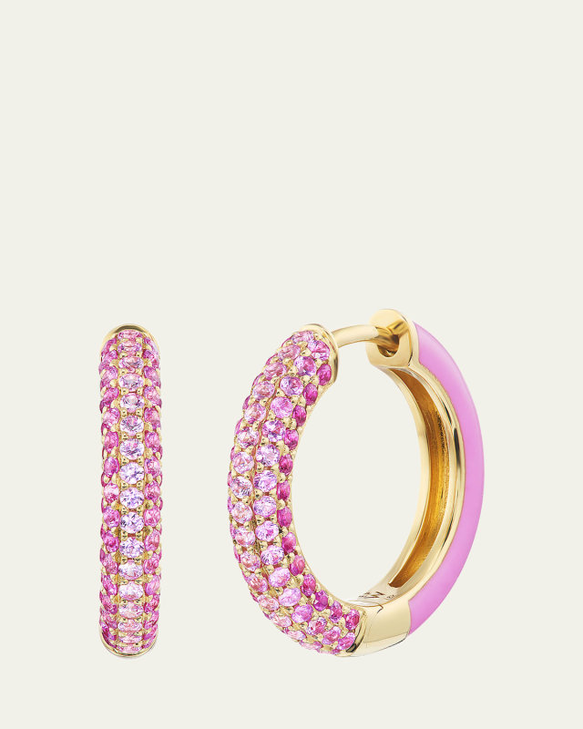 18K Yellow Gold Duo Hoop Earrings with Sapphires, Rubies and Pink Enamel